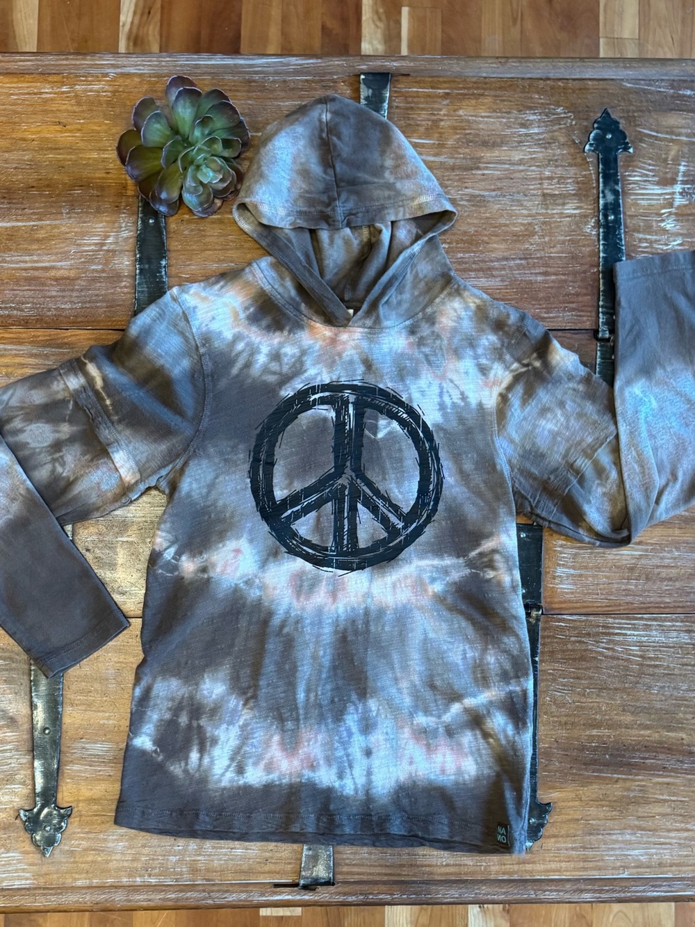 Kids Brown Tie-Dye Hoodie Style Tee with Peace Sign